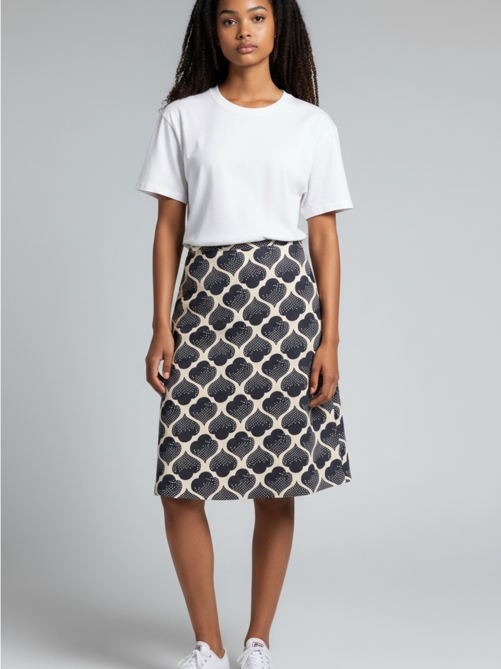 Boden Navy and Cream Patterned Cotton A-Line Skirt